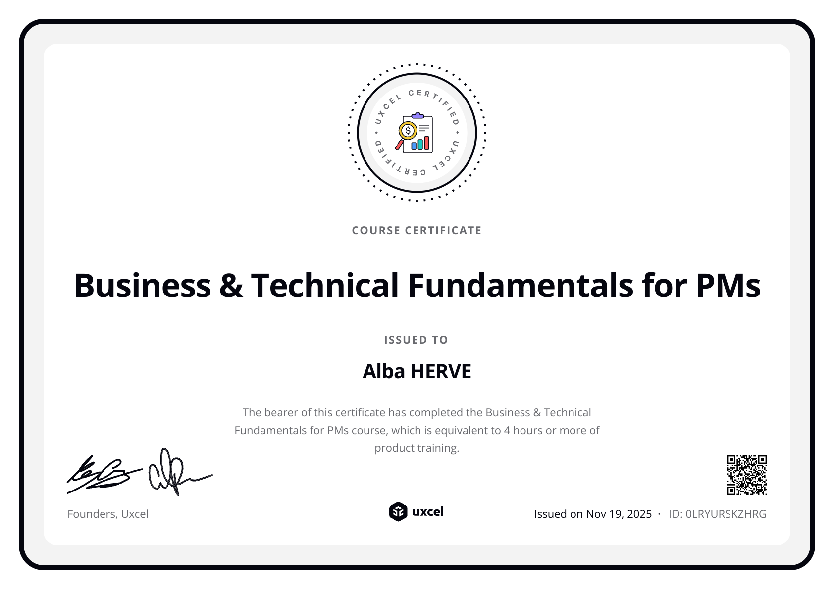 Alba HERVE's certificate